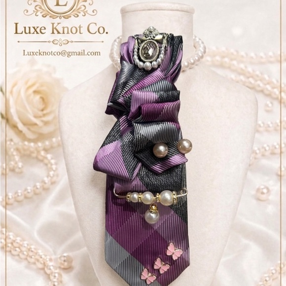 Accessories - Purple & Black Plaid Silk Tie Necklace with Pearl and Brooch Accents